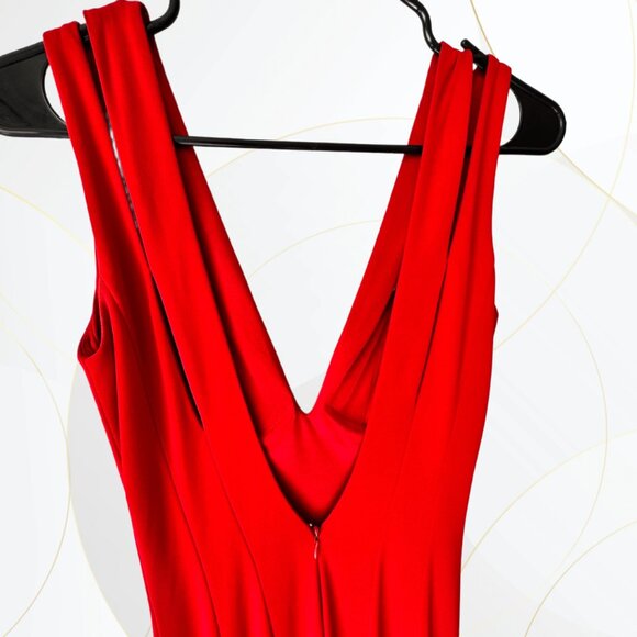 Halston Designer Plunge Neck Red Midi Dress - Picture 5 of 9